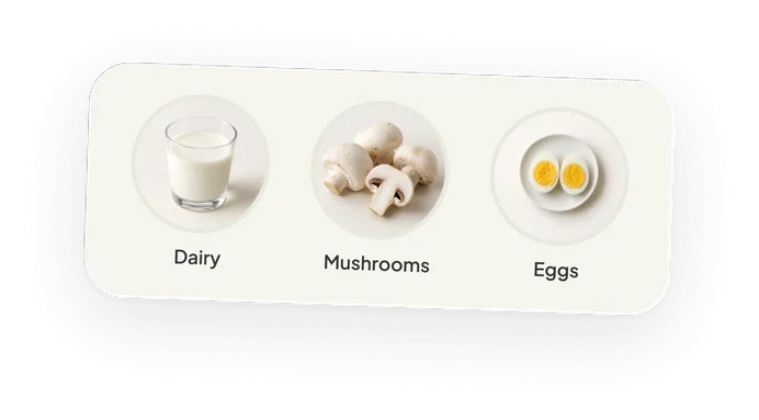 Circular food photos: dairy, mushrooms, eggs