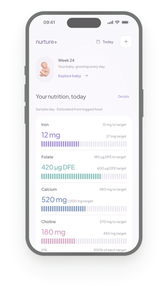 Direction B: the week in one row, then four nutrient bars with targets