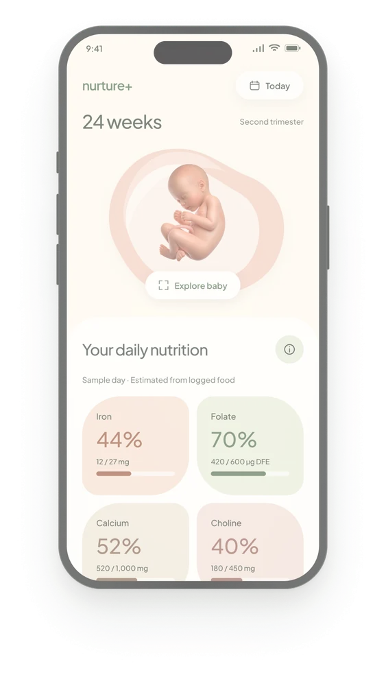 Direction C: a large baby illustration, then four tinted nutrient tiles