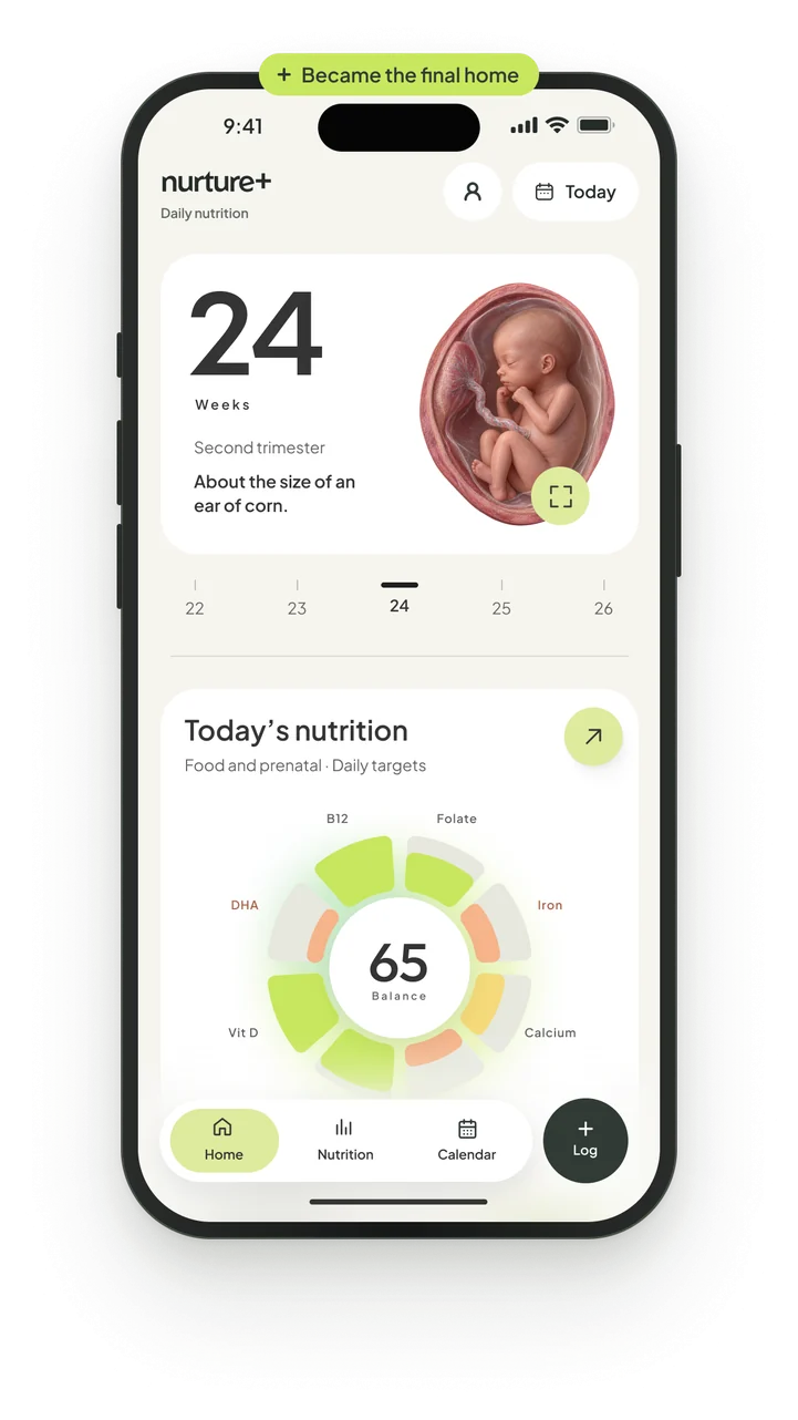Final home: the 24 weeks card above the eight-petal nutrition dial