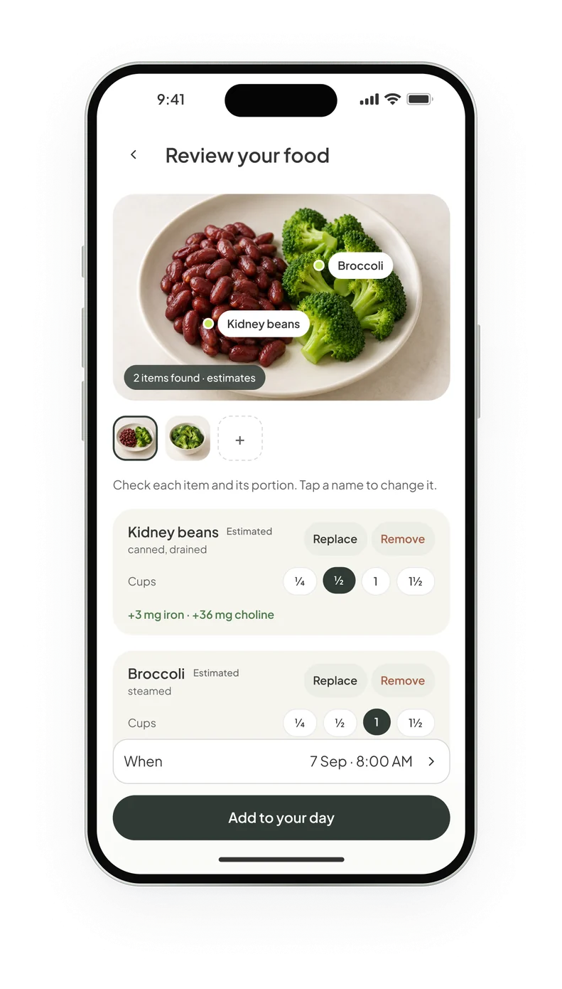 Review your food: a photo of kidney beans and broccoli, each item with a portion to check