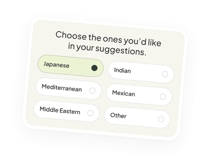 Cuisine choices: Japanese, Indian, Mediterranean, Mexican, Middle Eastern, Other