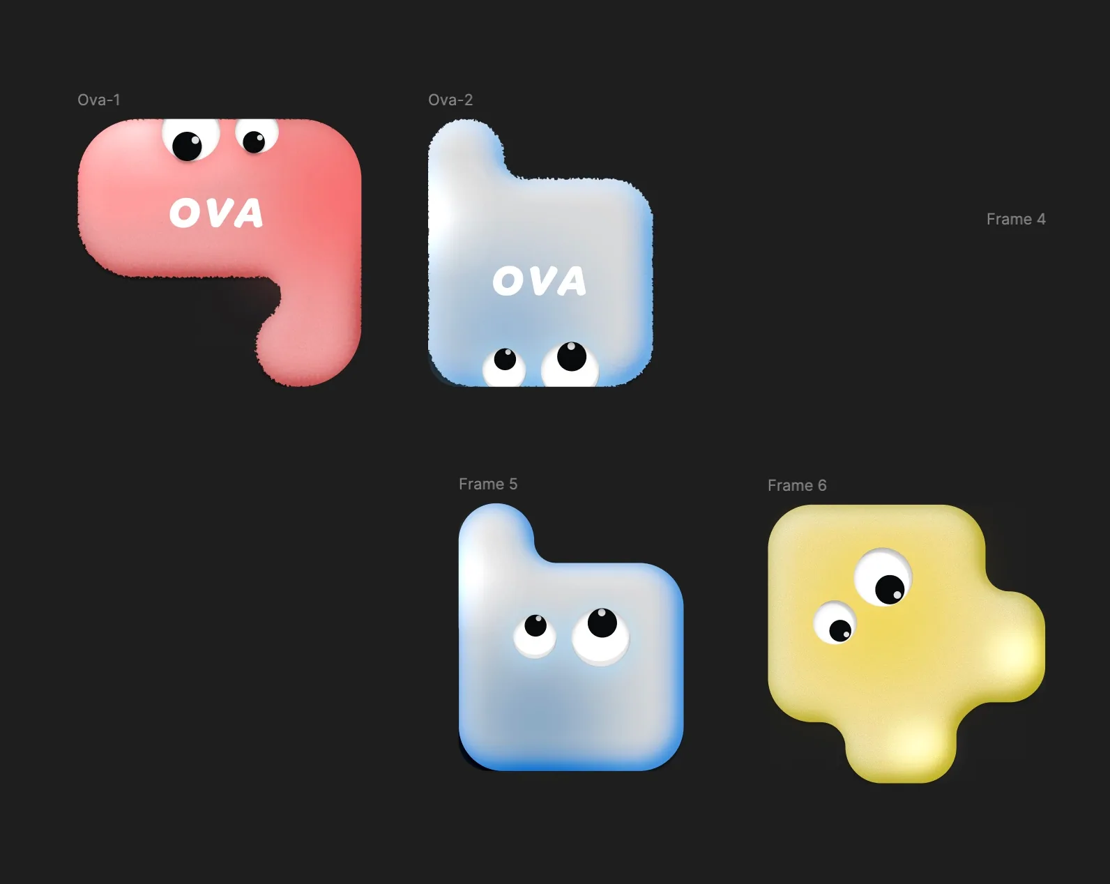 Early Ova character explorations in pink, blue, and yellow with varied soft geometric silhouettes