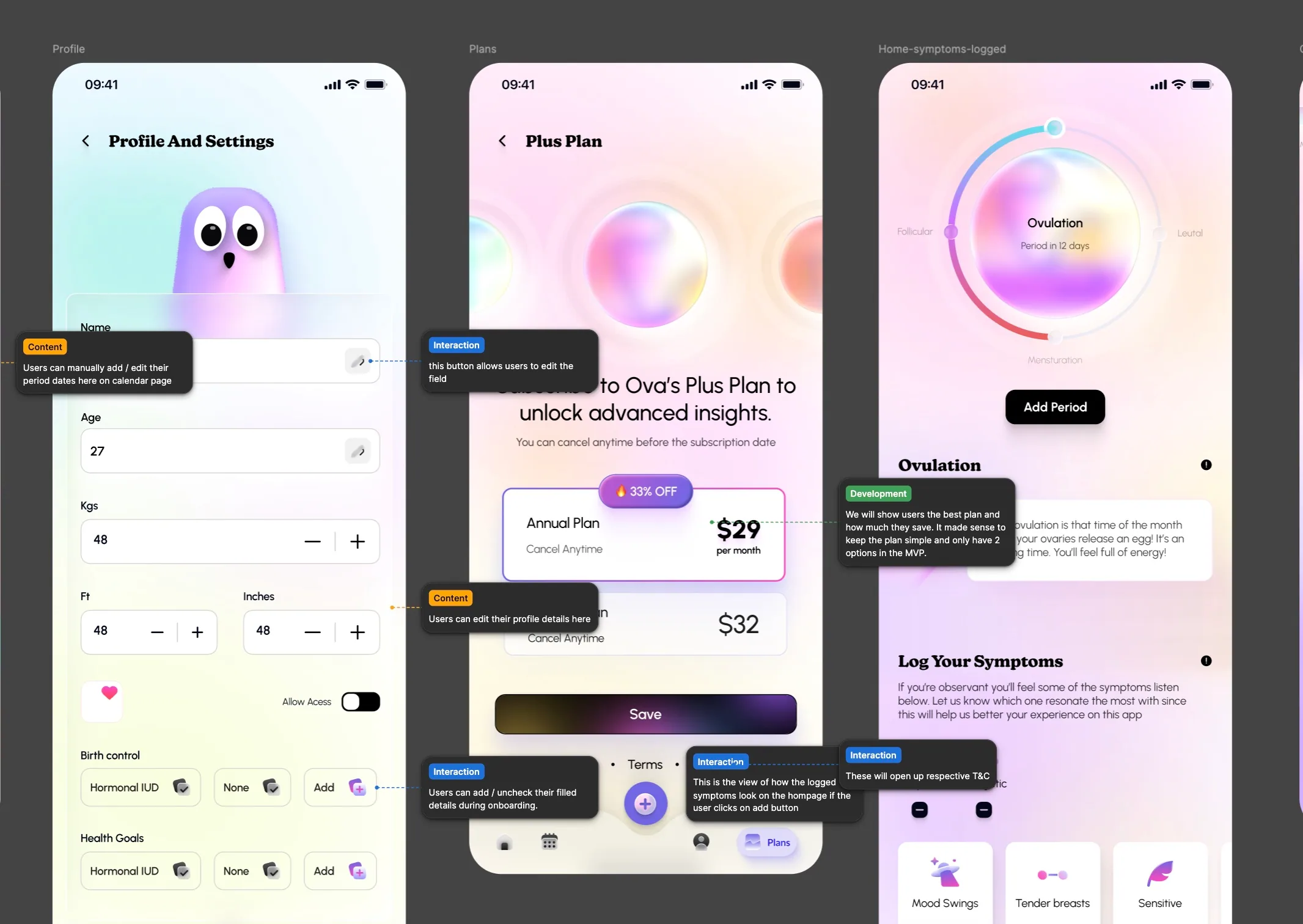 Annotated Ova screens with interaction, content, and development notes for handoff