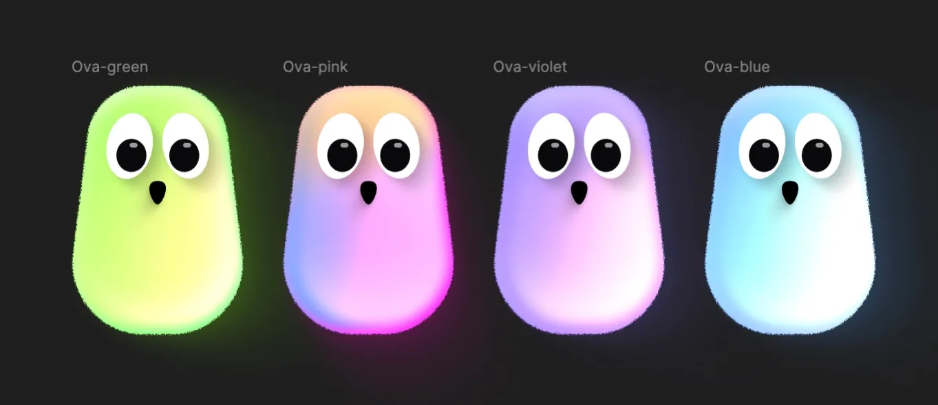 Four final Ova companion variants in green, pink, violet, and blue
