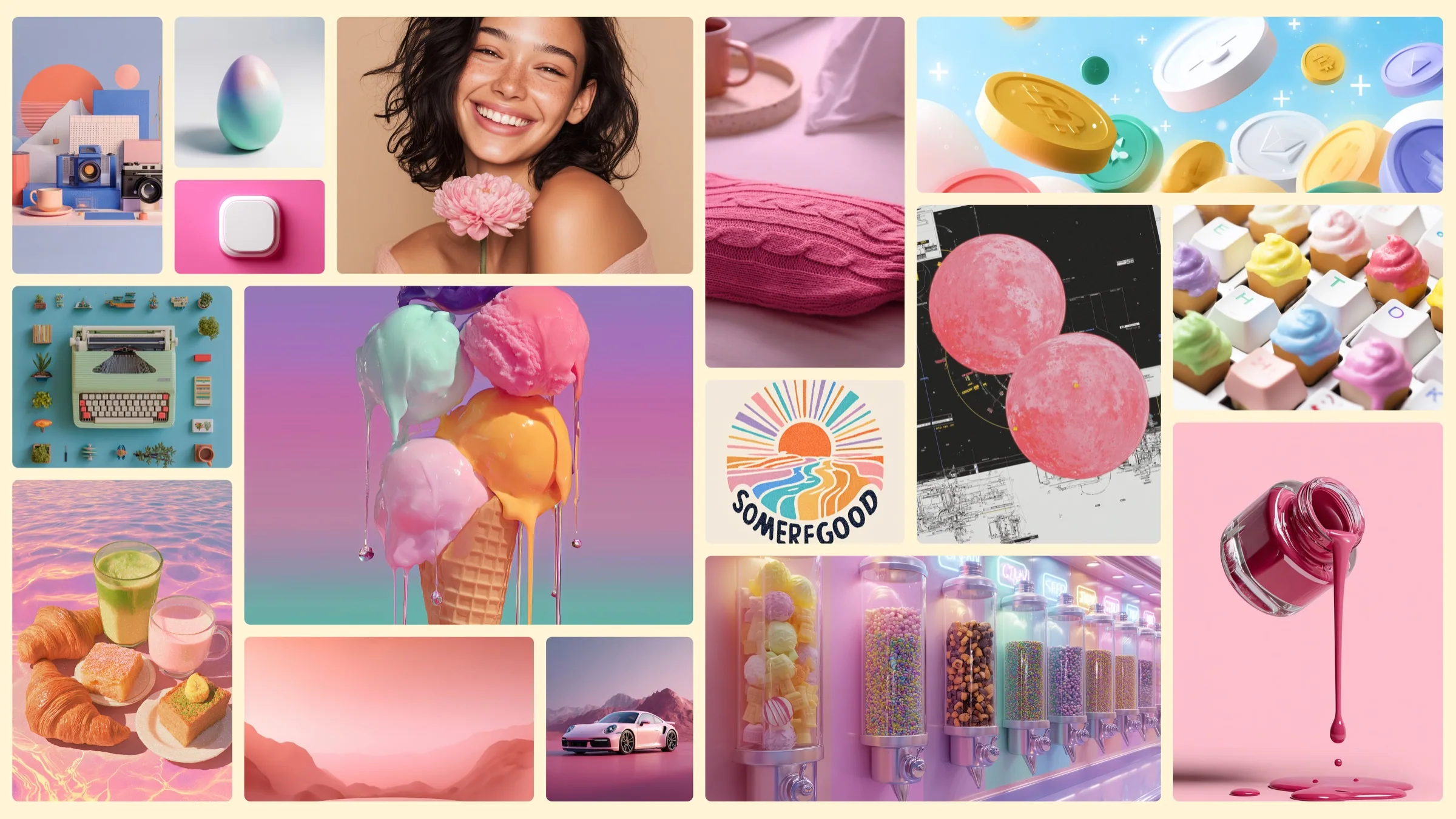 Digital Confection moodboard with pastel products, candy, ice cream, iridescent objects, and playful lifestyle imagery