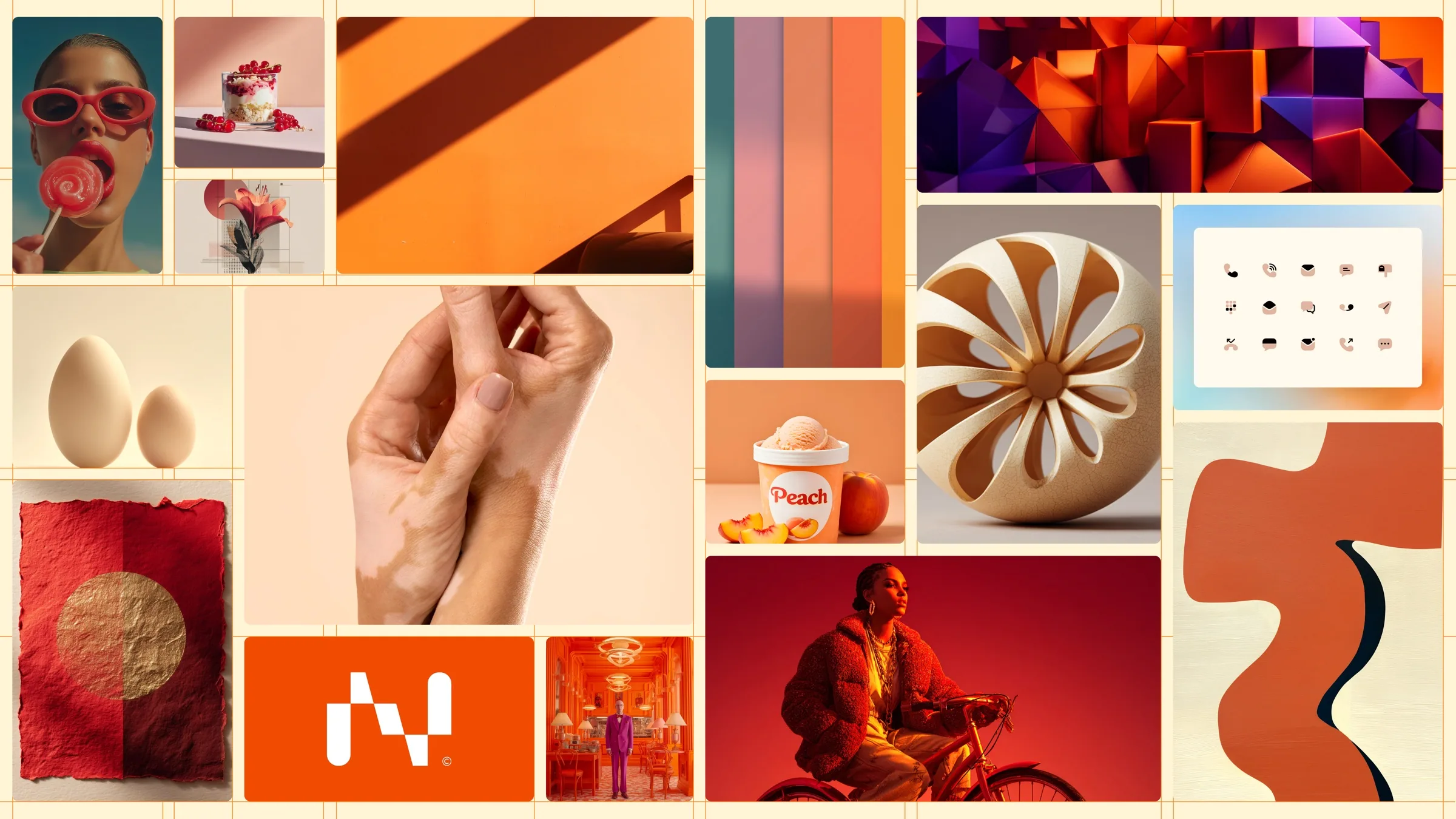 Warm Constructivism moodboard with orange light, tactile materials, structured shapes, and warm editorial imagery