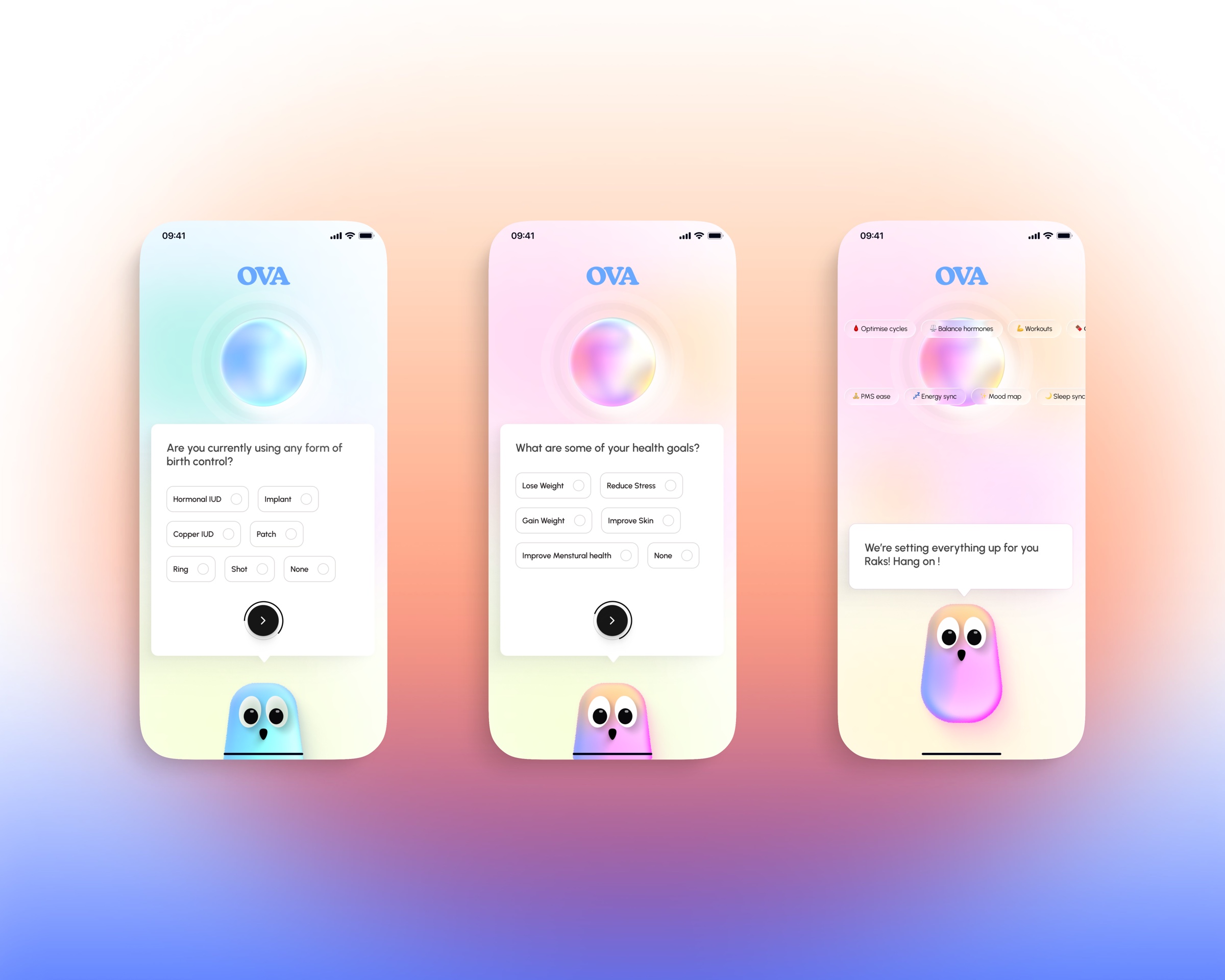 Three Ova onboarding screens for birth control, health goals, and personalised setup