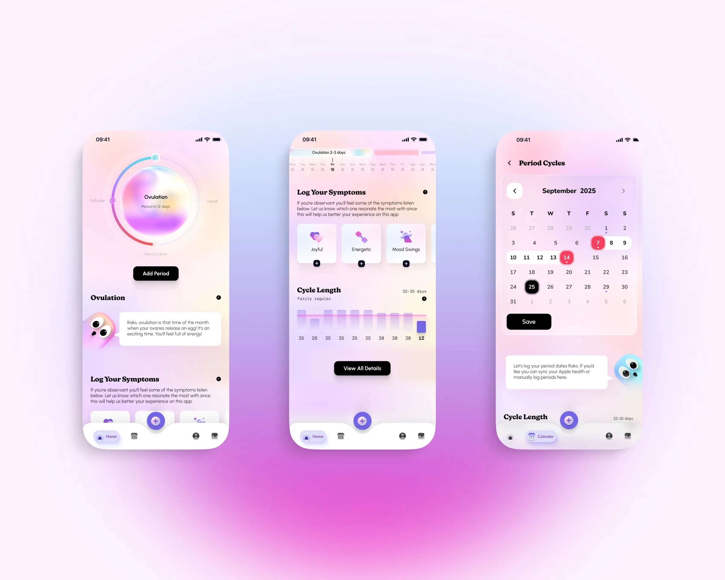 Three Ova screens showing ovulation status, symptom logging, cycle history, and a period calendar