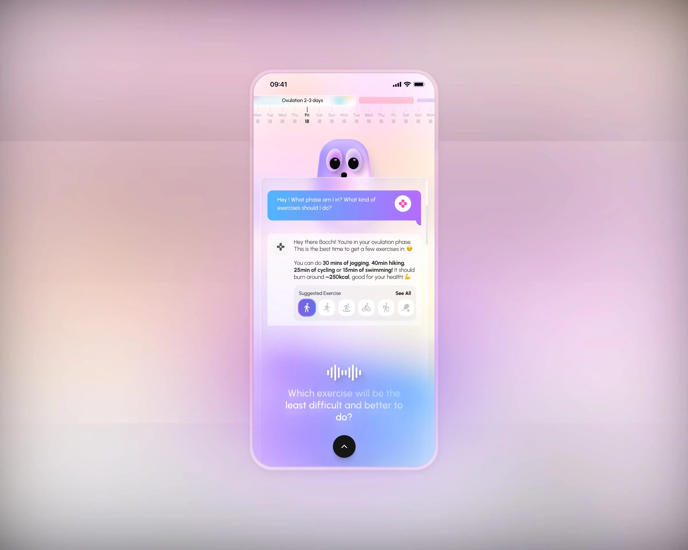 Ova app screen with a personalised exercise recommendation inside the companion chat