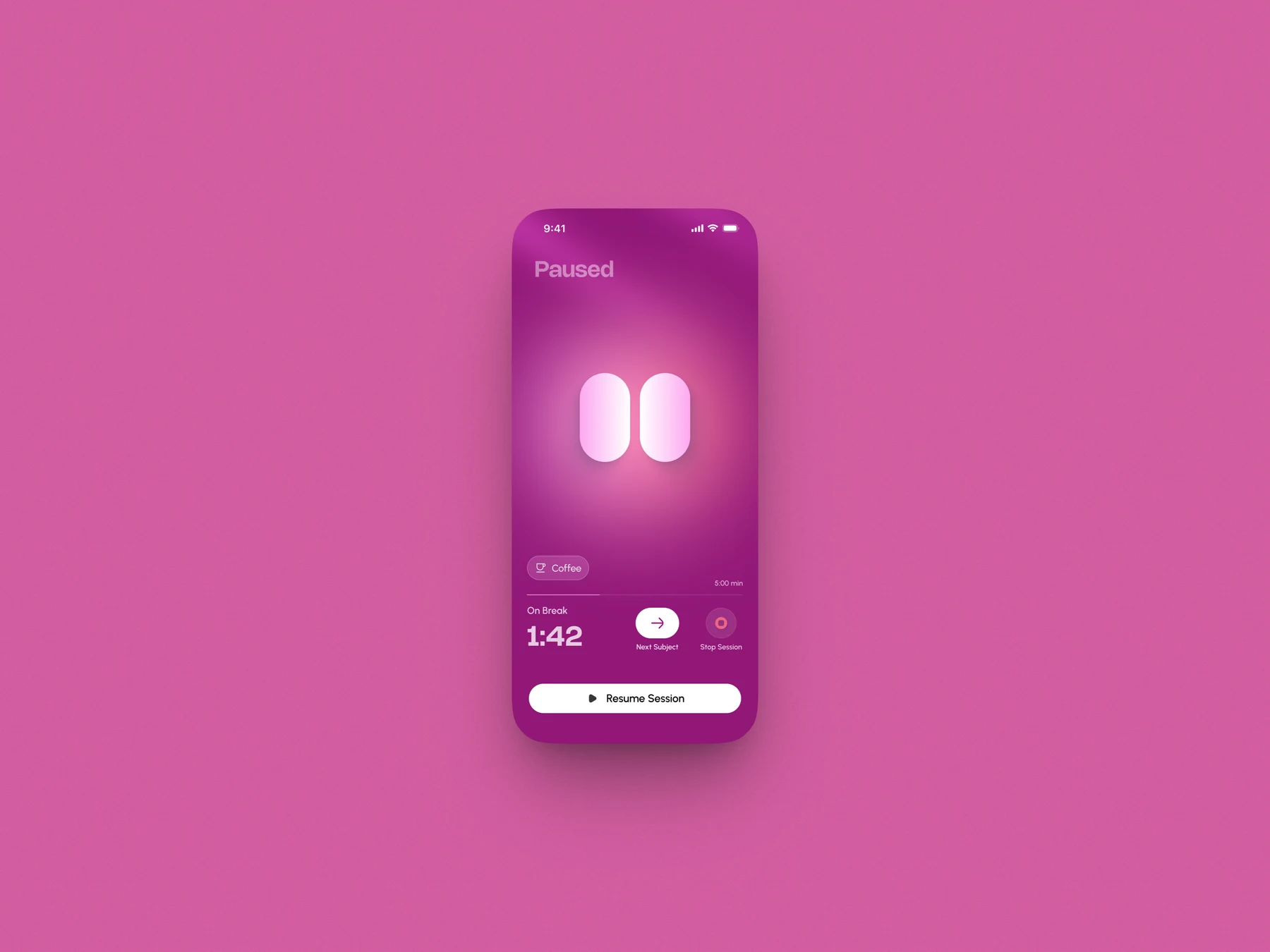 Pink Studyloop break screen with resume and next subject controls