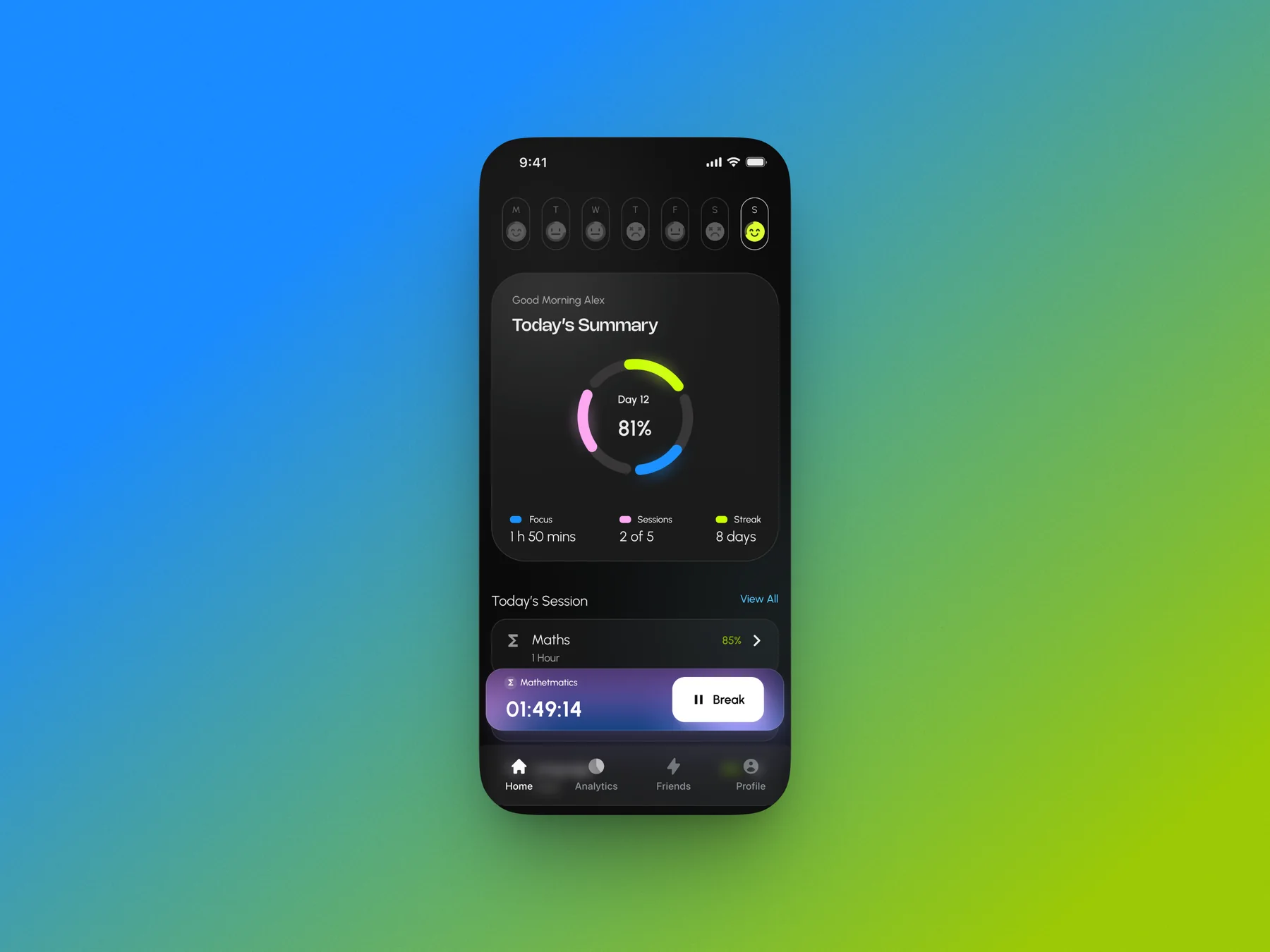 Studyloop home screen showing the daily summary, focus progress, session metrics, and an active timer