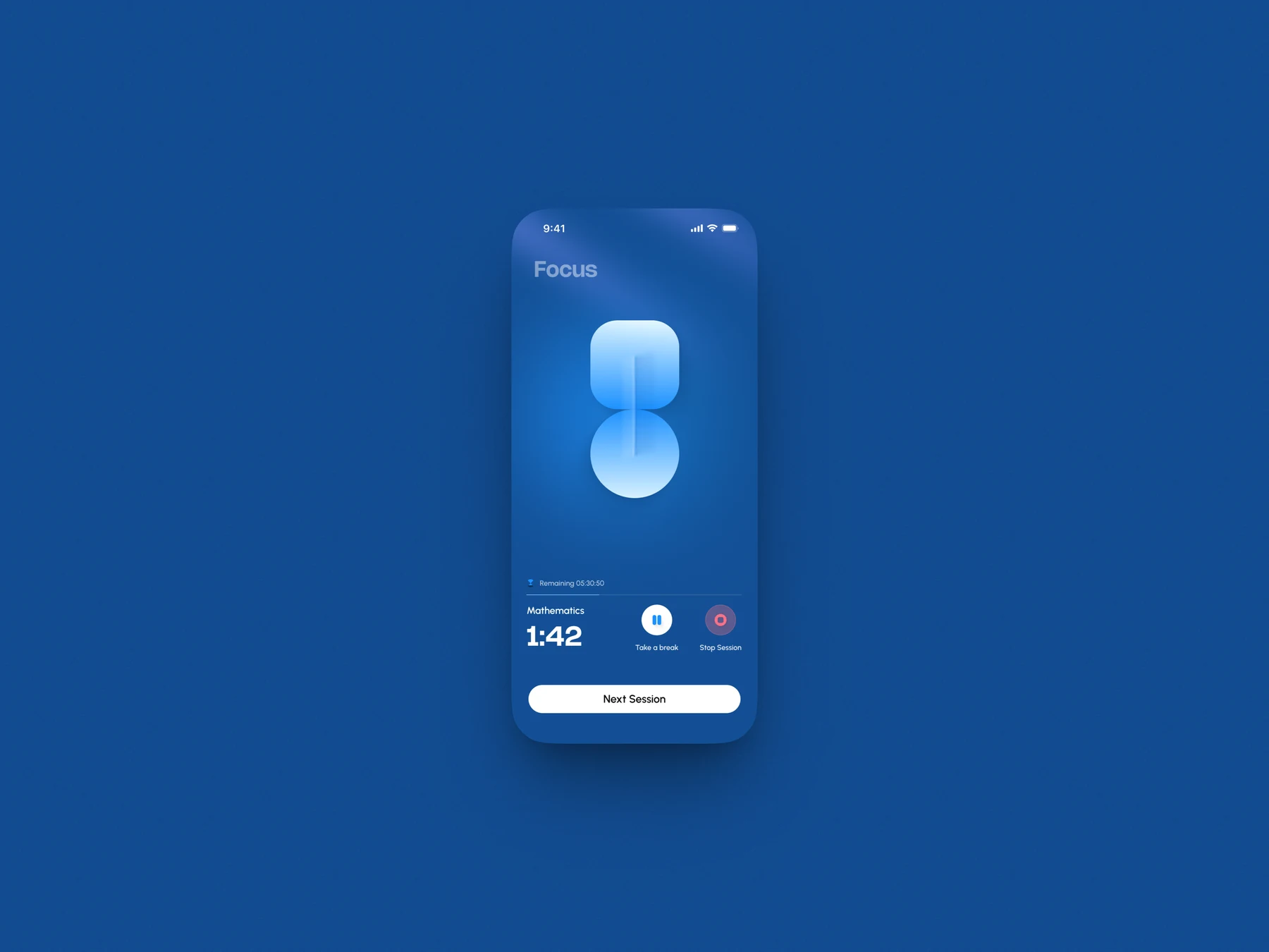 Blue Studyloop focus session screen with a timer and break controls