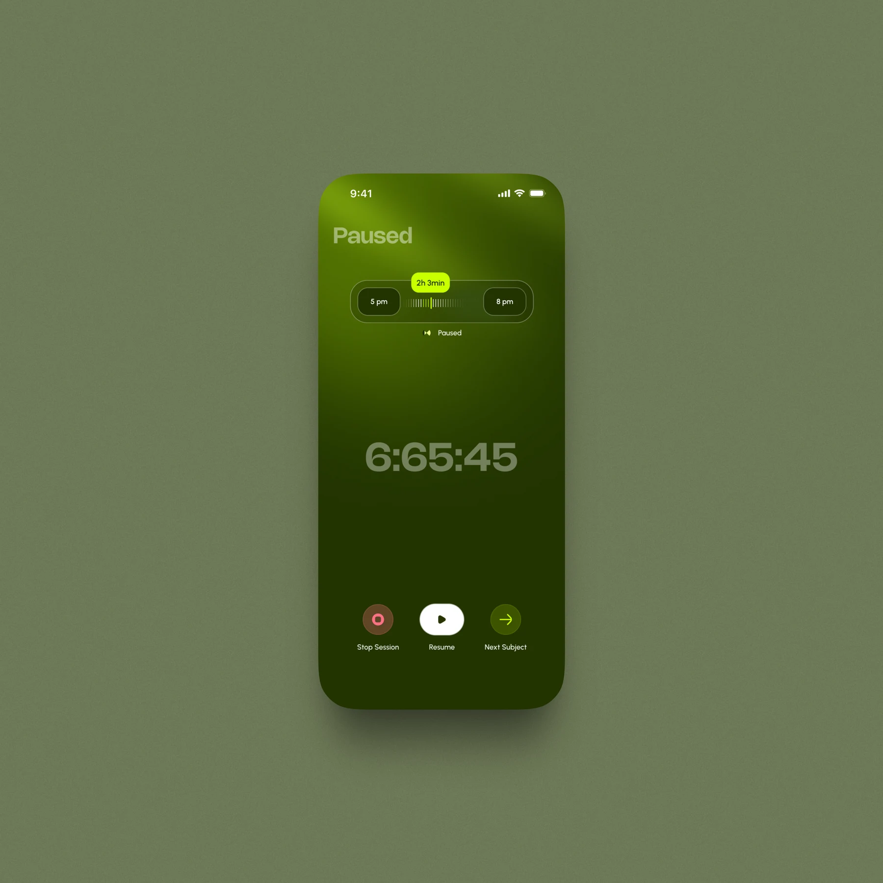 Green Studyloop paused session screen with resume and next subject controls