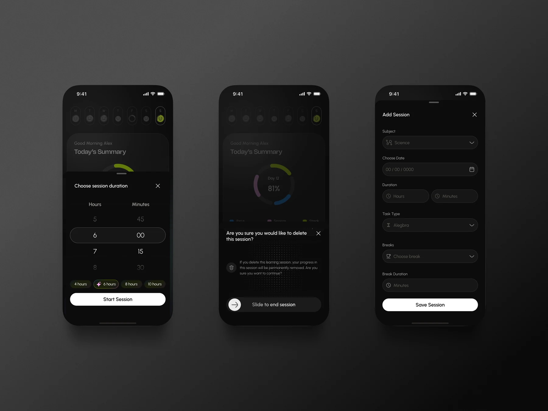 Three Studyloop screens for choosing a session duration, deleting a session, and adding a session