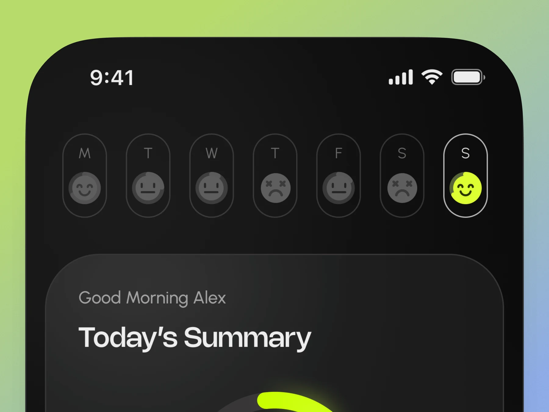Studyloop home screen showing weekday smileys and the daily progress summary