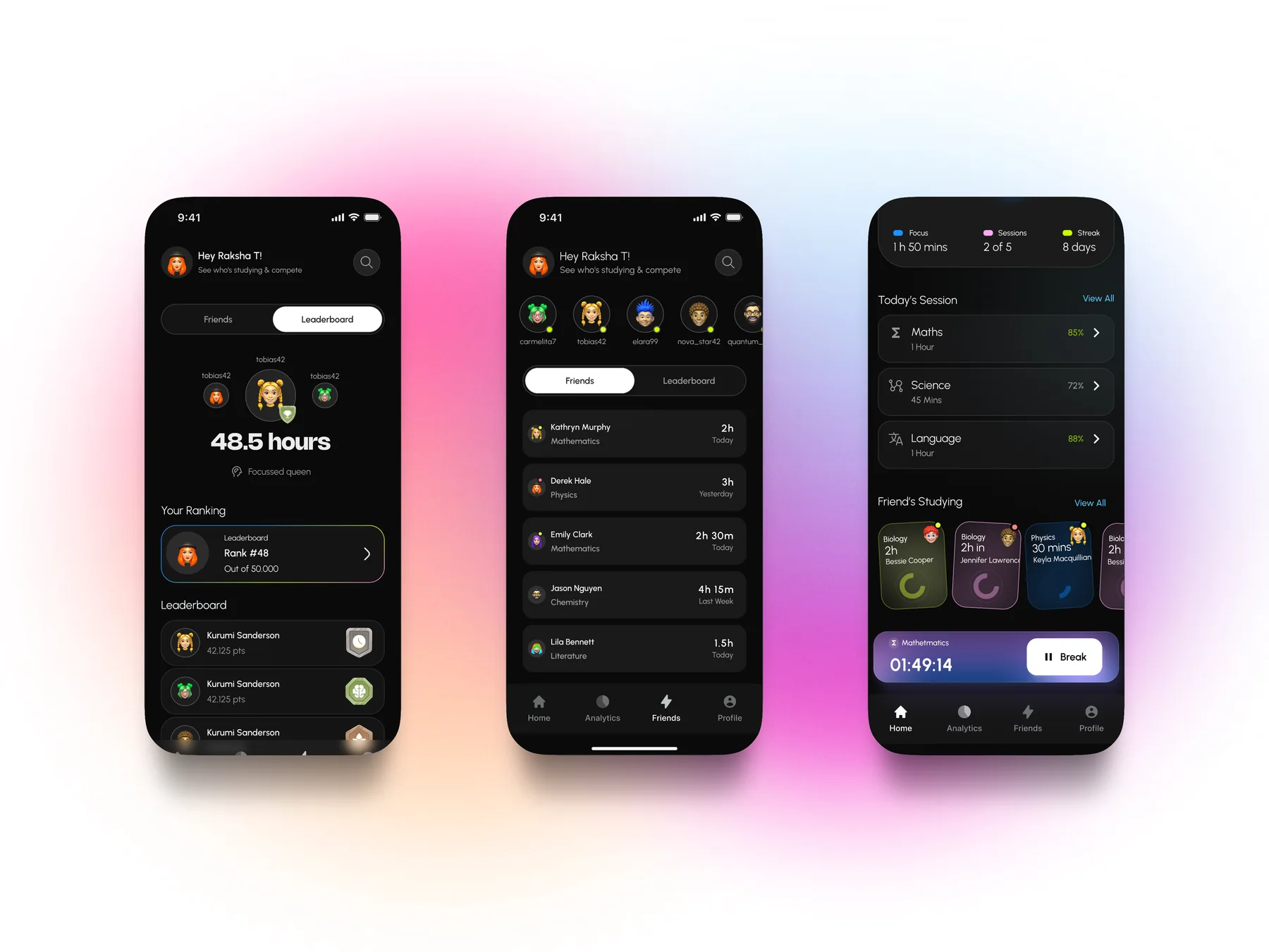 Studyloop leaderboard, friends list, and home screens