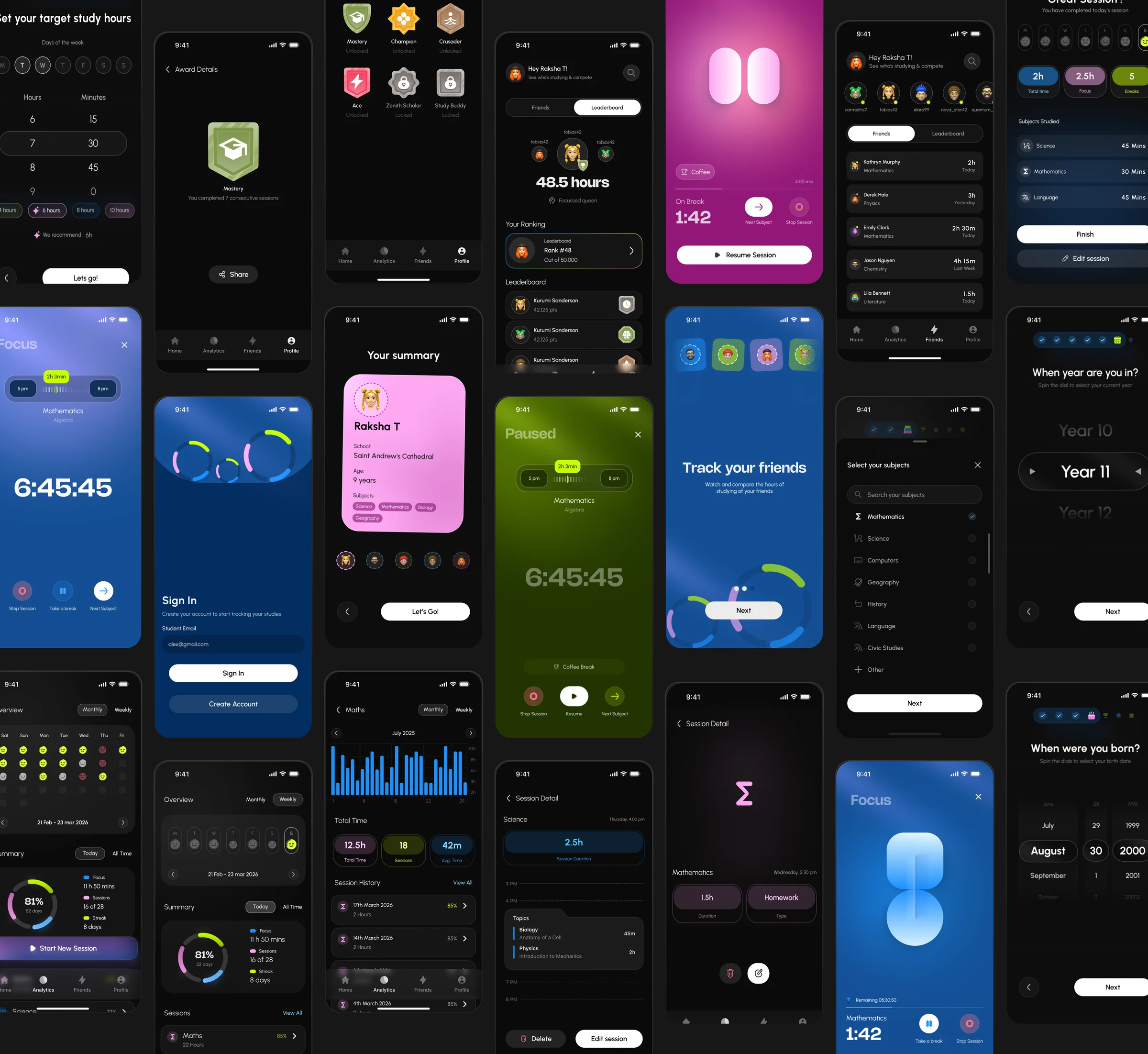 A collage of Studyloop screens showing onboarding, focus sessions, analytics, friends, awards, and session history