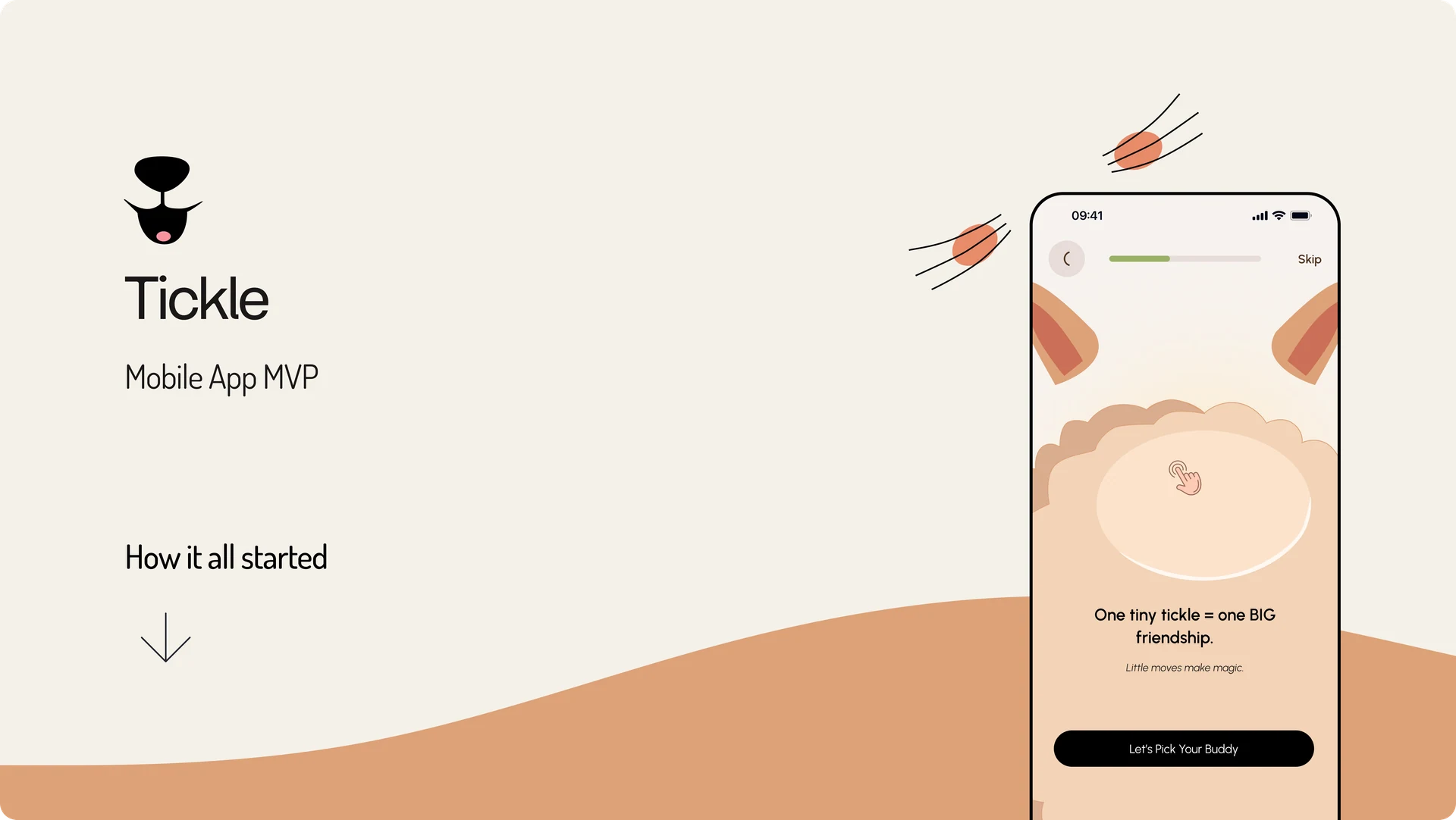 Tickle mobile app MVP introduction with a phone showing the pet tickling interaction