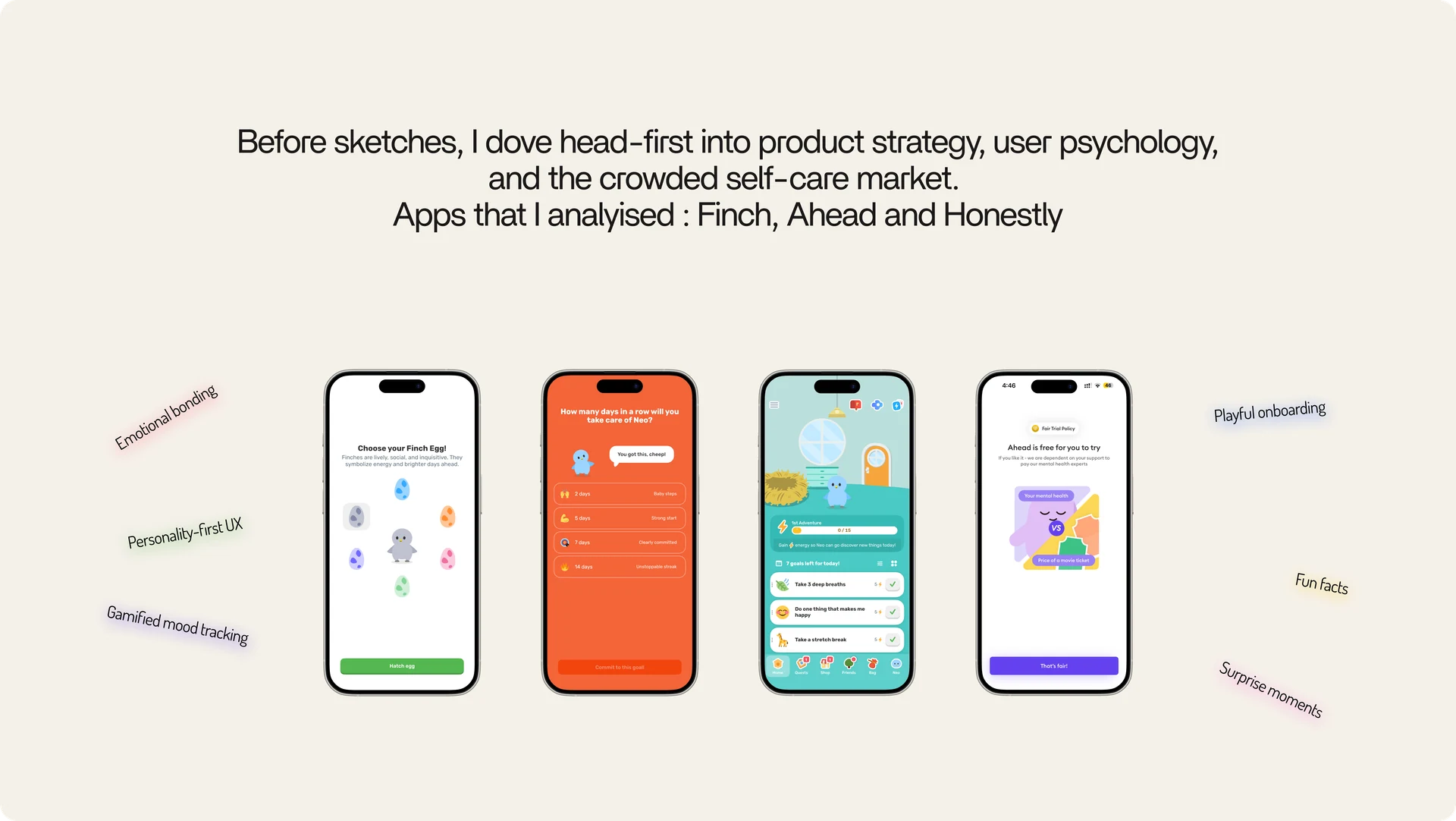 Competitor research showing Finch, Ahead, and Honestly alongside emotional bonding and playful onboarding themes