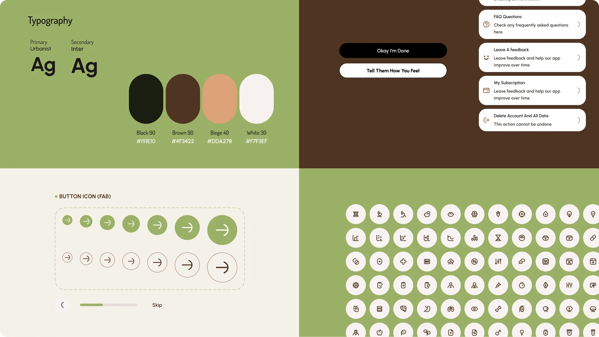 Tickle visual system with Urbanist and Inter typography, green and brown colours, buttons, and iconography