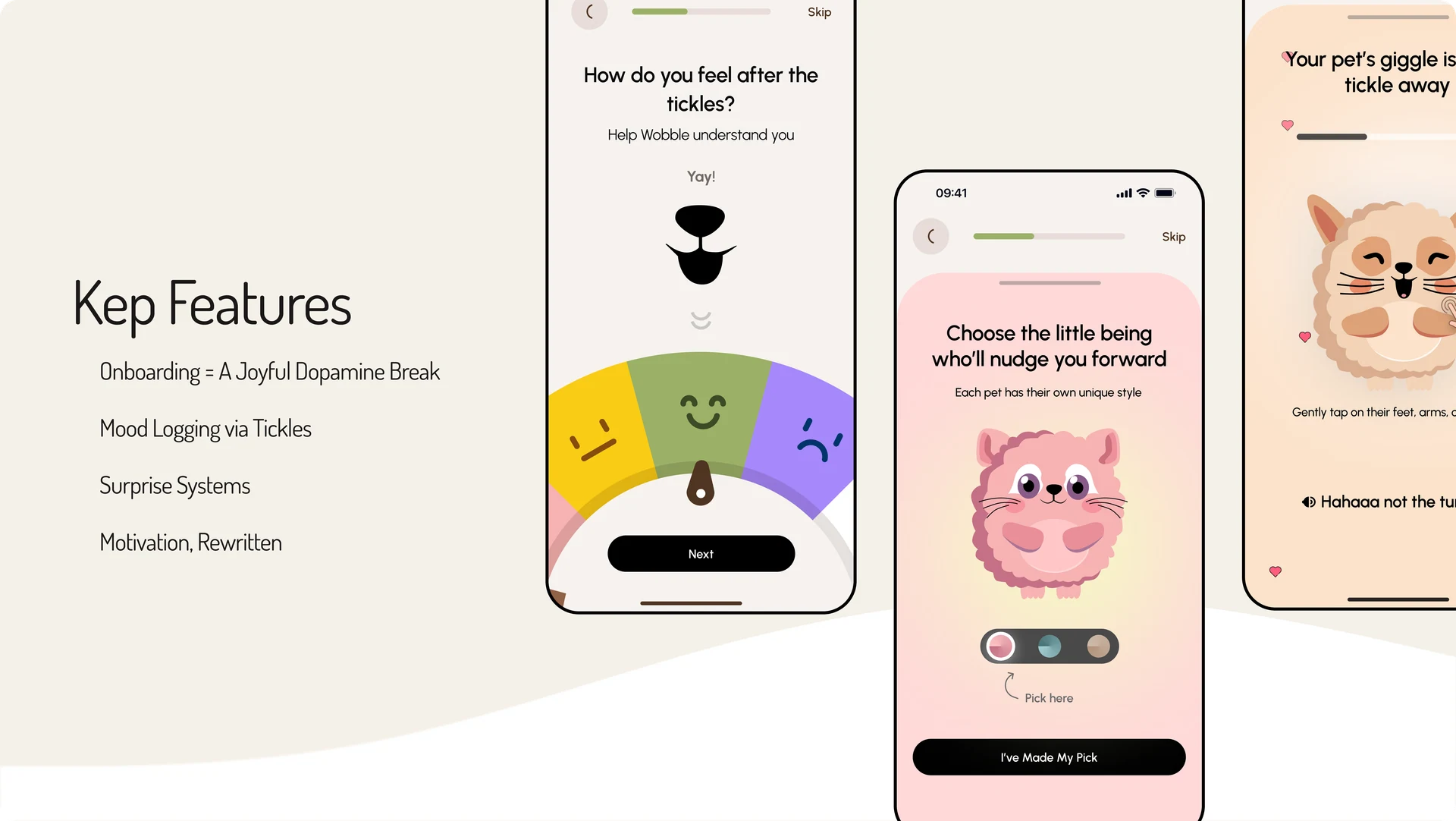 Tickle key features shown across mood logging, pet selection, and tickling screens