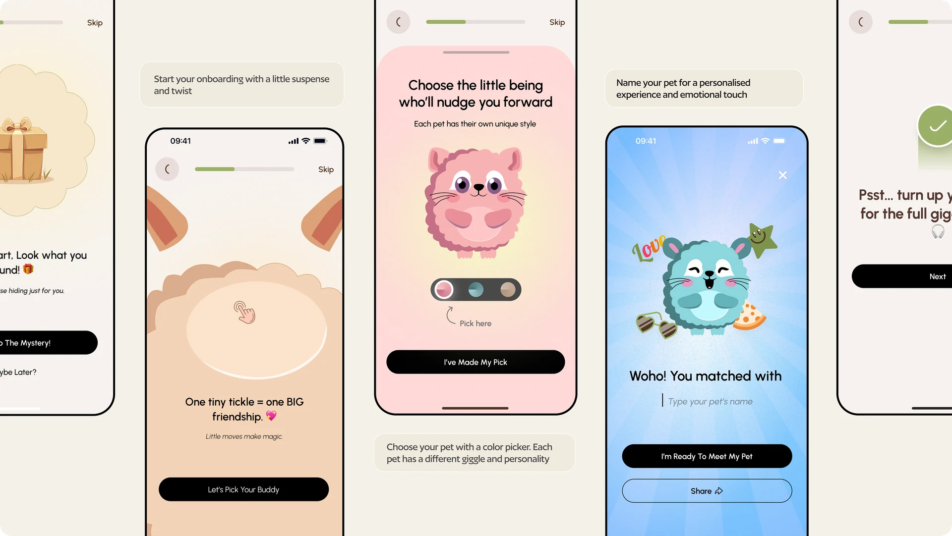 Tickle onboarding screens for mood, pet reveal, pet selection, sound, sharing, and naming