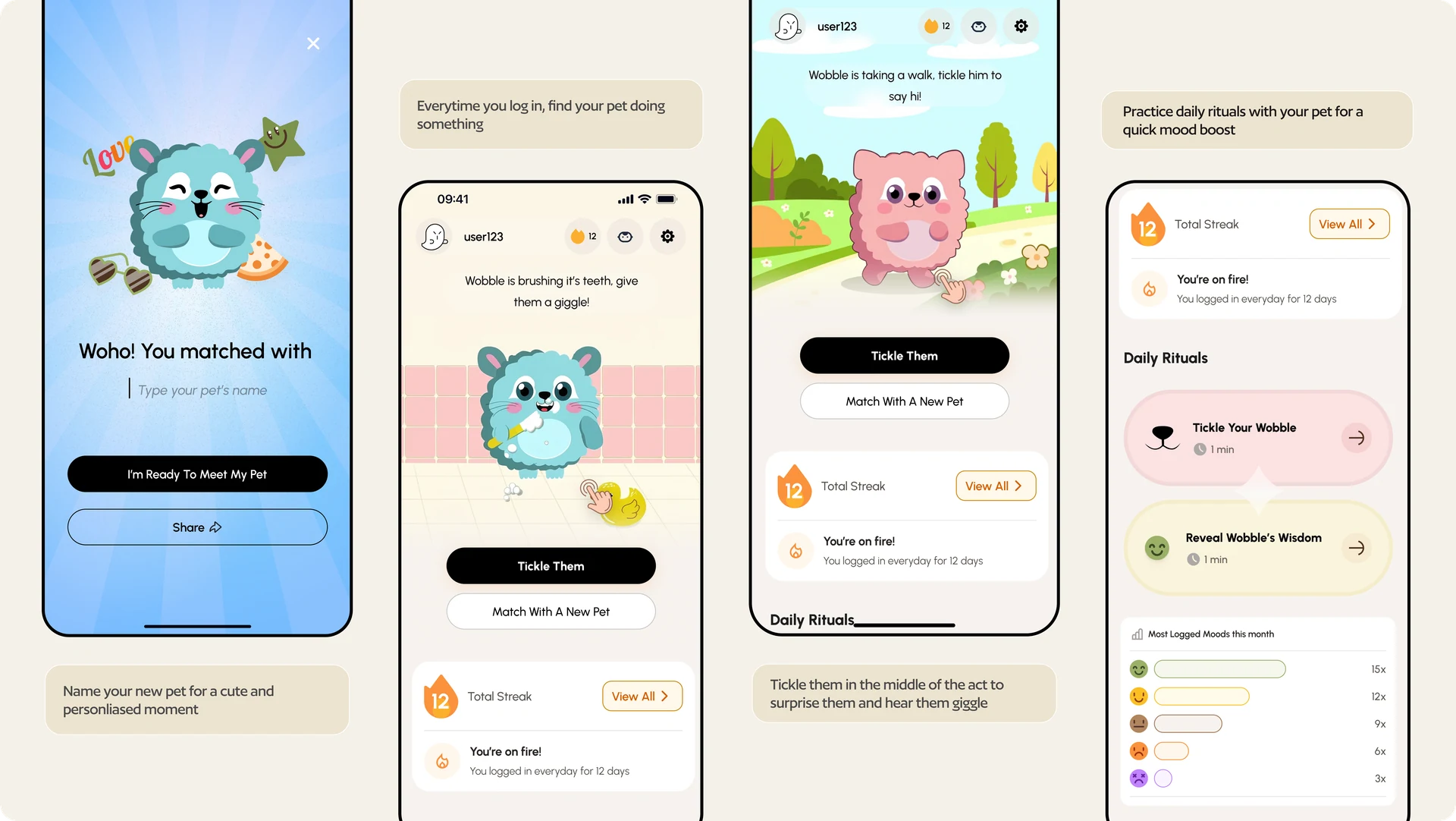 Tickle home experience showing pet naming, brushing teeth, walking, tickling, streaks, and daily rituals