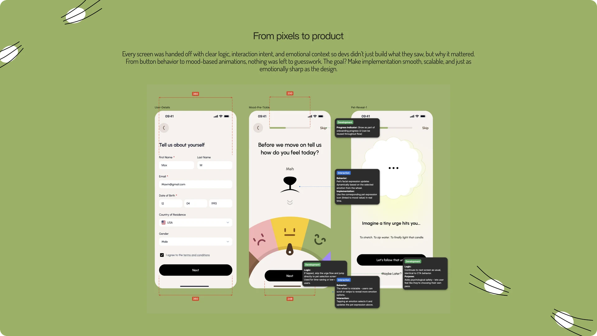 Annotated Tickle screens with development and interaction handoff notes